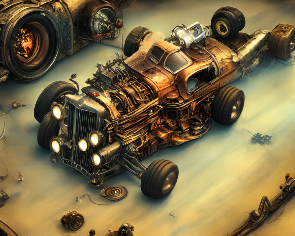 Steam-punk inspired vehicle with copper pipes, gears, flames, and oversized wheels on mechanic-themed backdrop