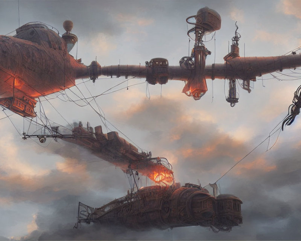 Fantastical steampunk airship with multiple gondolas in dramatic cloudy sky