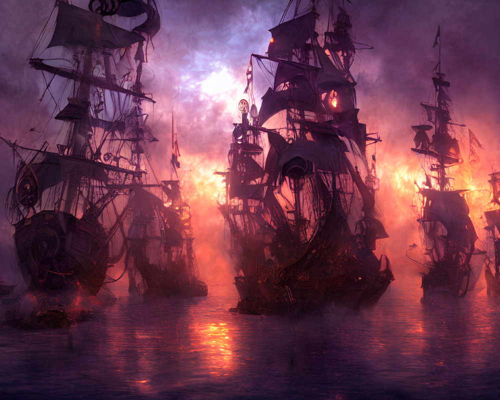 Tall ships in naval battle with fiery explosions at dusk