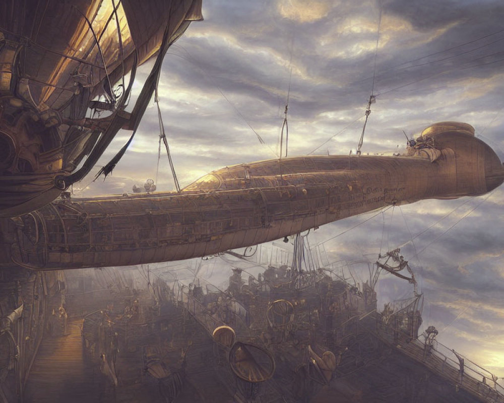 Detailed steampunk airship docking at busy sky port at sunset