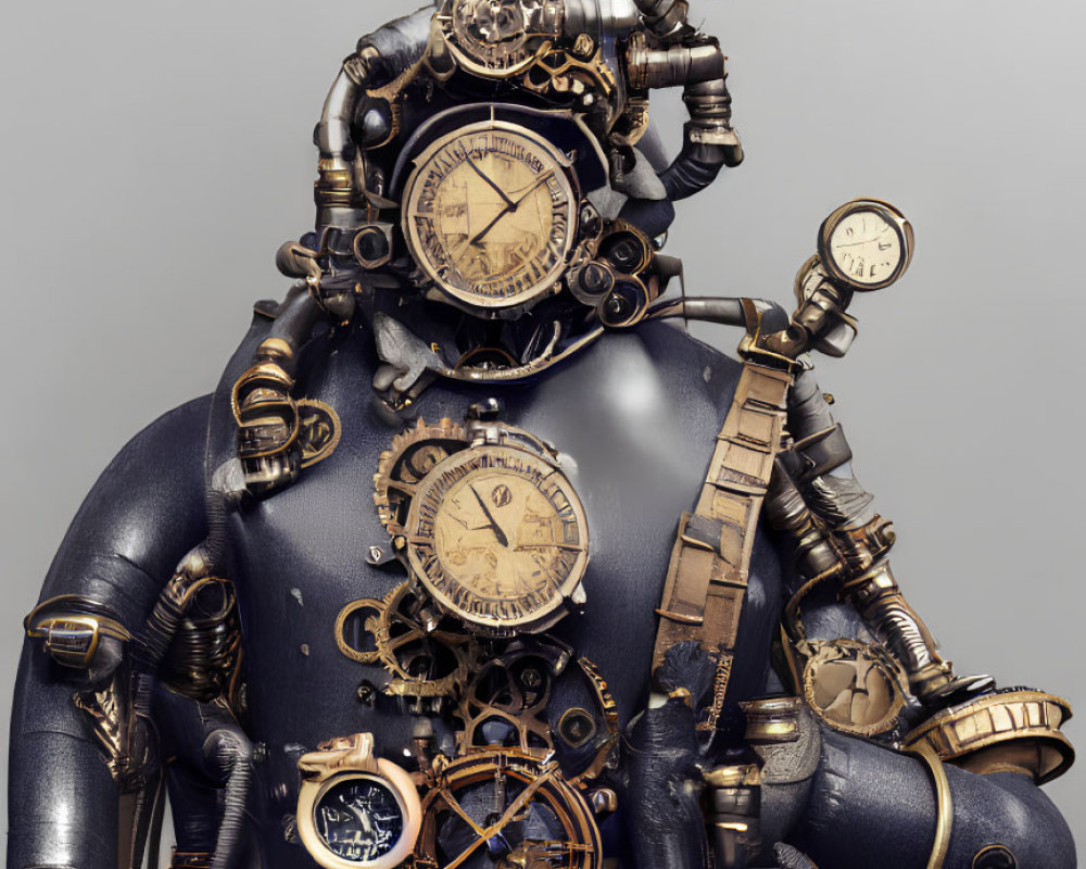 Steampunk-style robot with gears, clocks, and metallic pipes on neutral background