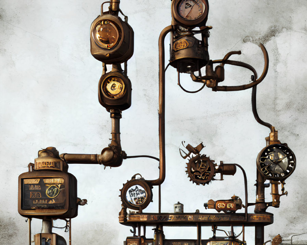 Steampunk-style Brass Pipes, Gauges, and Clockwork on Textured Background