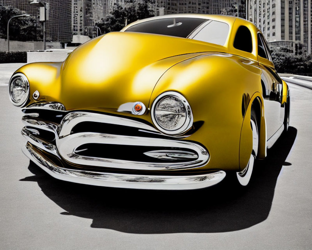 Cartoonish Yellow Car with Exaggerated Features and Cityscape Background