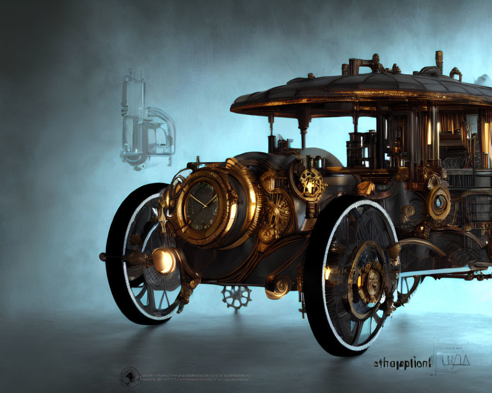 Steampunk-style digital artwork of vintage carriage on misty backdrop