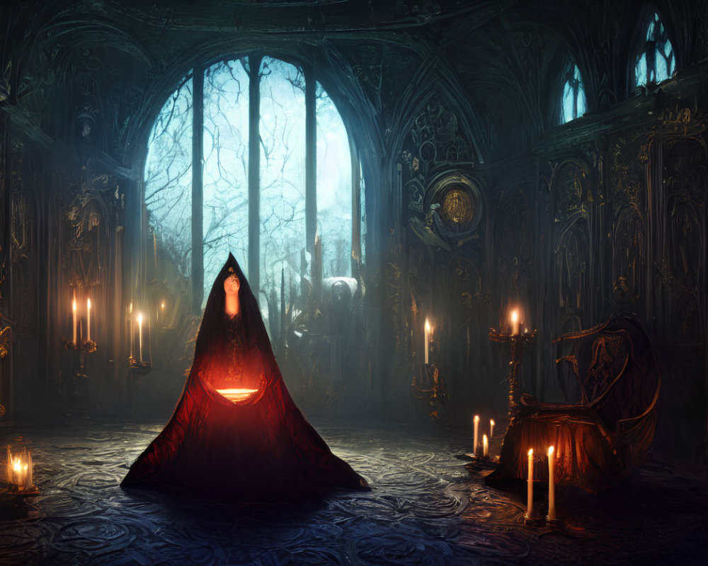 Mysterious cloaked figure in gothic chamber with forest view