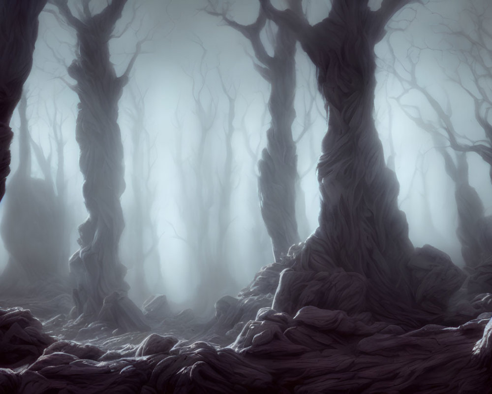 Mystical foggy forest with gnarled trees and eerie atmosphere