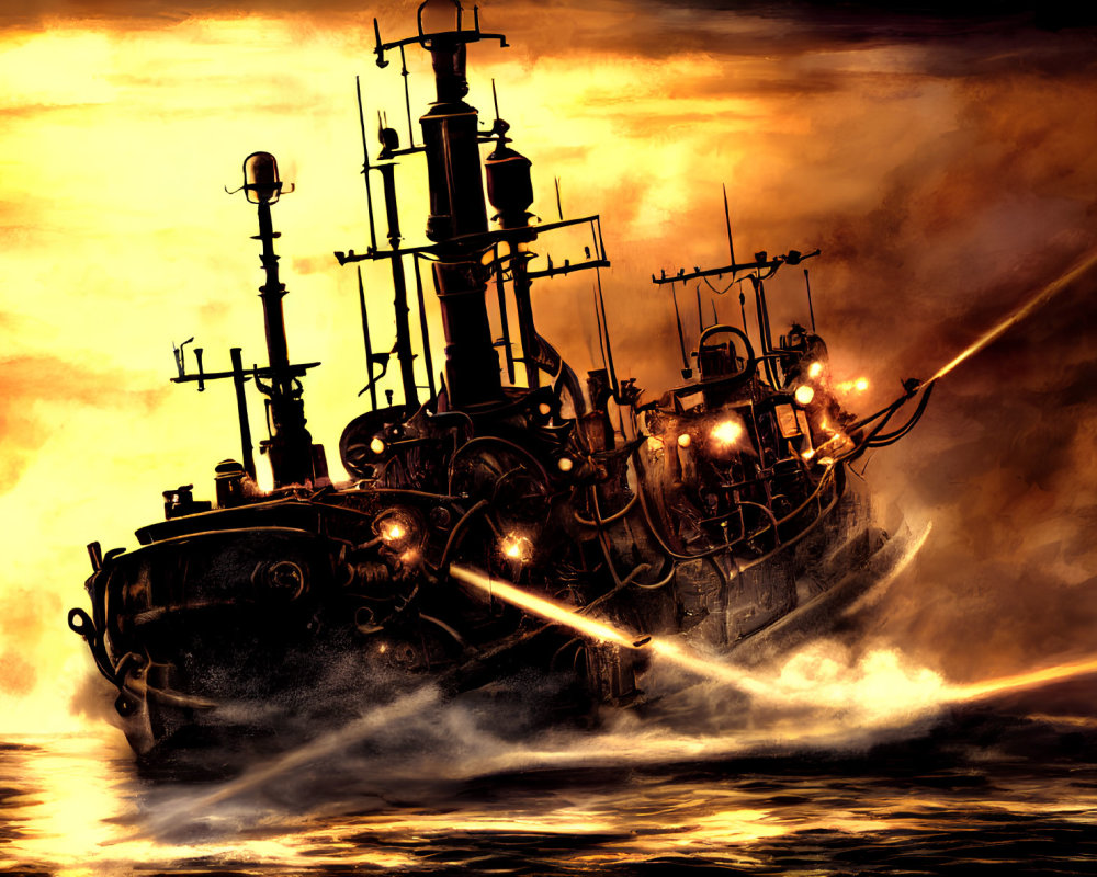 Steampunk-style ship with glowing lamps and gears sailing under amber sky