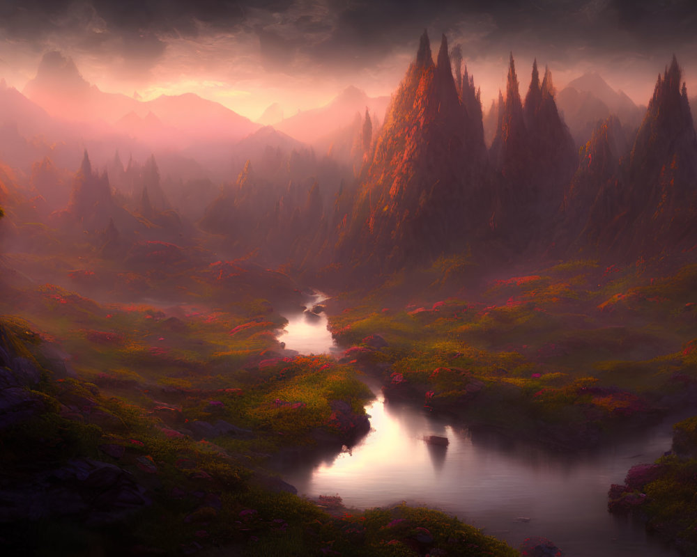 Vibrant pink and orange sunset over mystical landscape with spire-like mountains, winding river, and