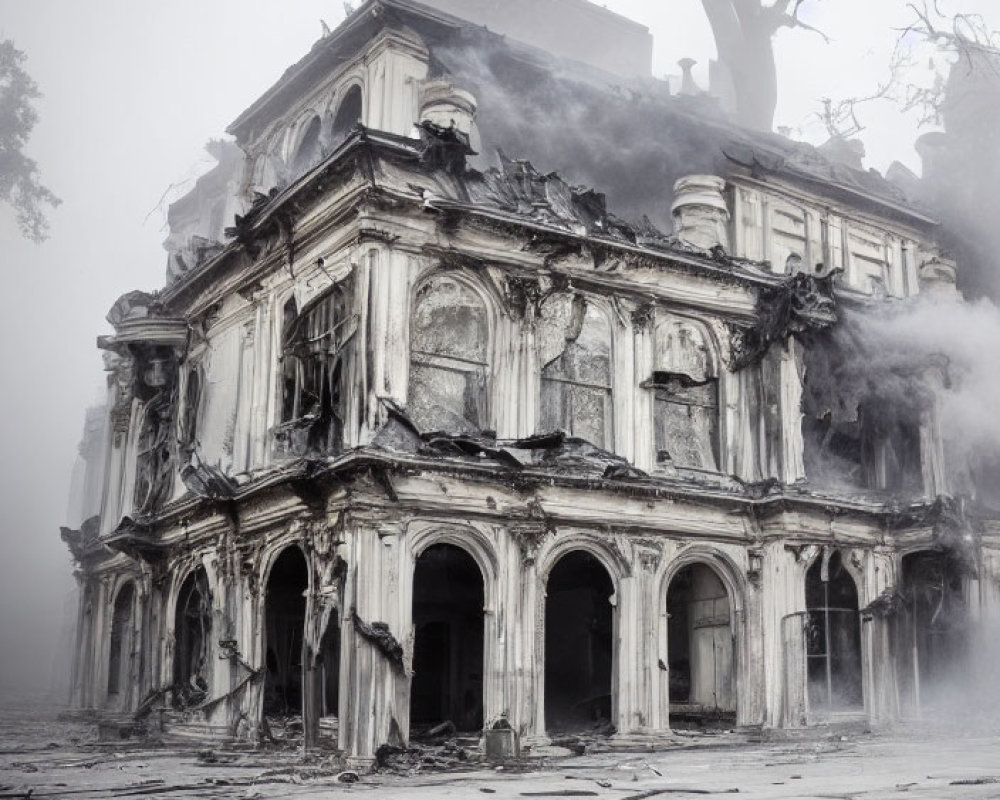 Abandoned Baroque-style building in fog with crumbling facade