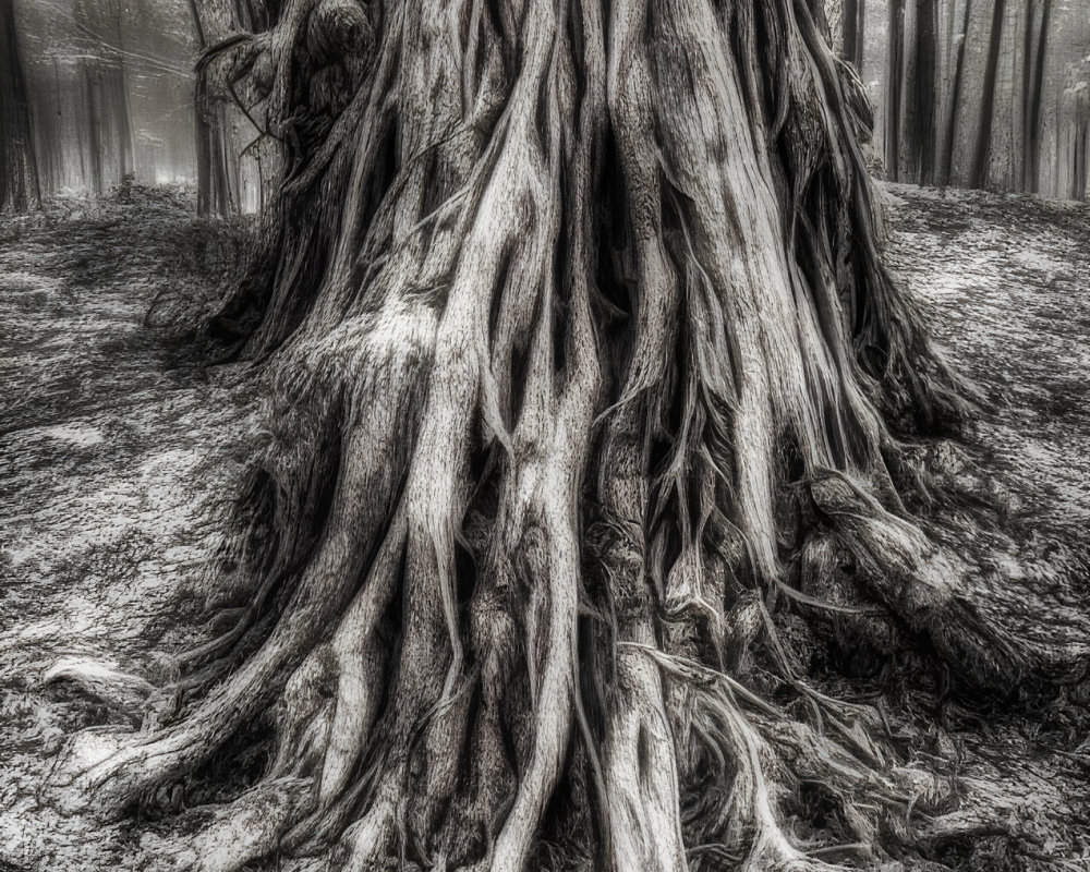 Monochromatic image of massive tree roots in foggy forest