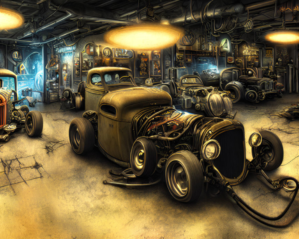 Detailed vintage garage illustration with classic hot rods and parts illuminated by warm lights