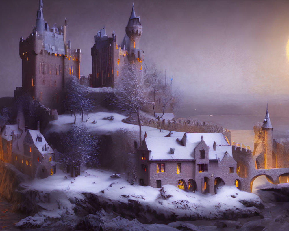 Snowy dusk scene with grand castle, towers, frozen river, and large moon