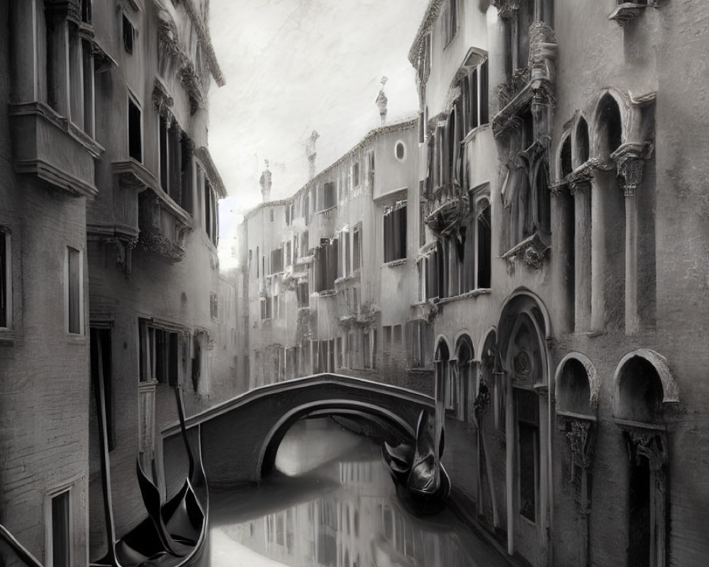 Monochrome image of serene Venetian canal with gondolas and old buildings