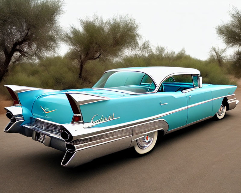 Vintage Turquoise and White Cadillac with Tail Fins on Sandy Path