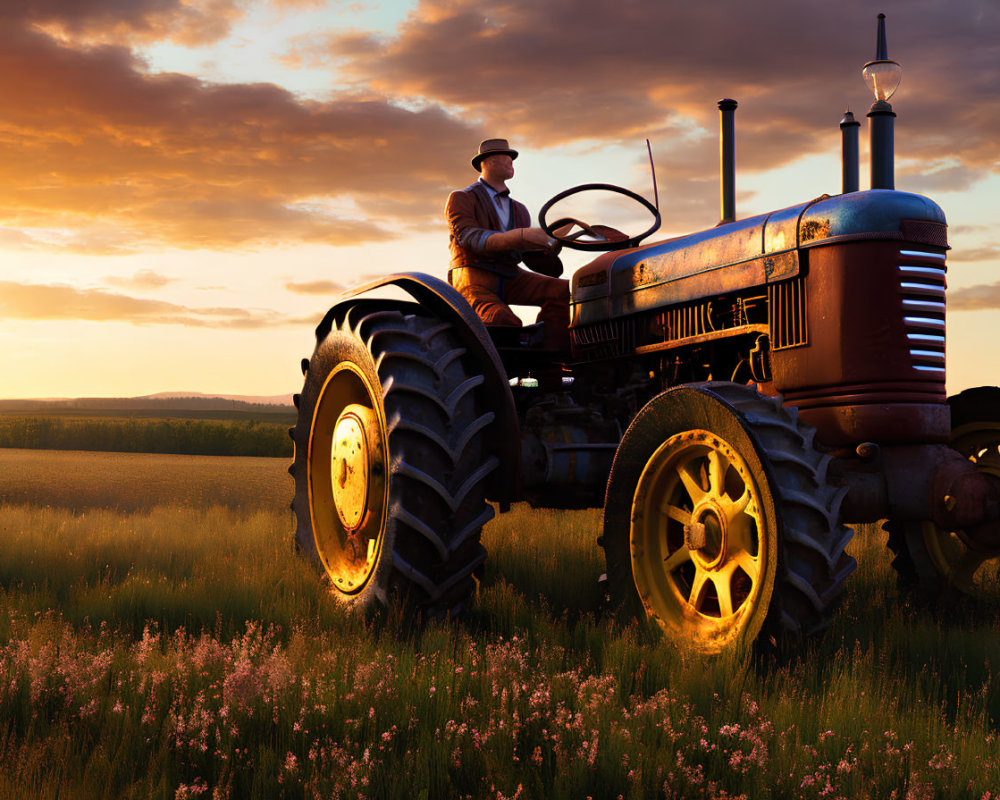 Old tractor driven by farmer in sunset field scene