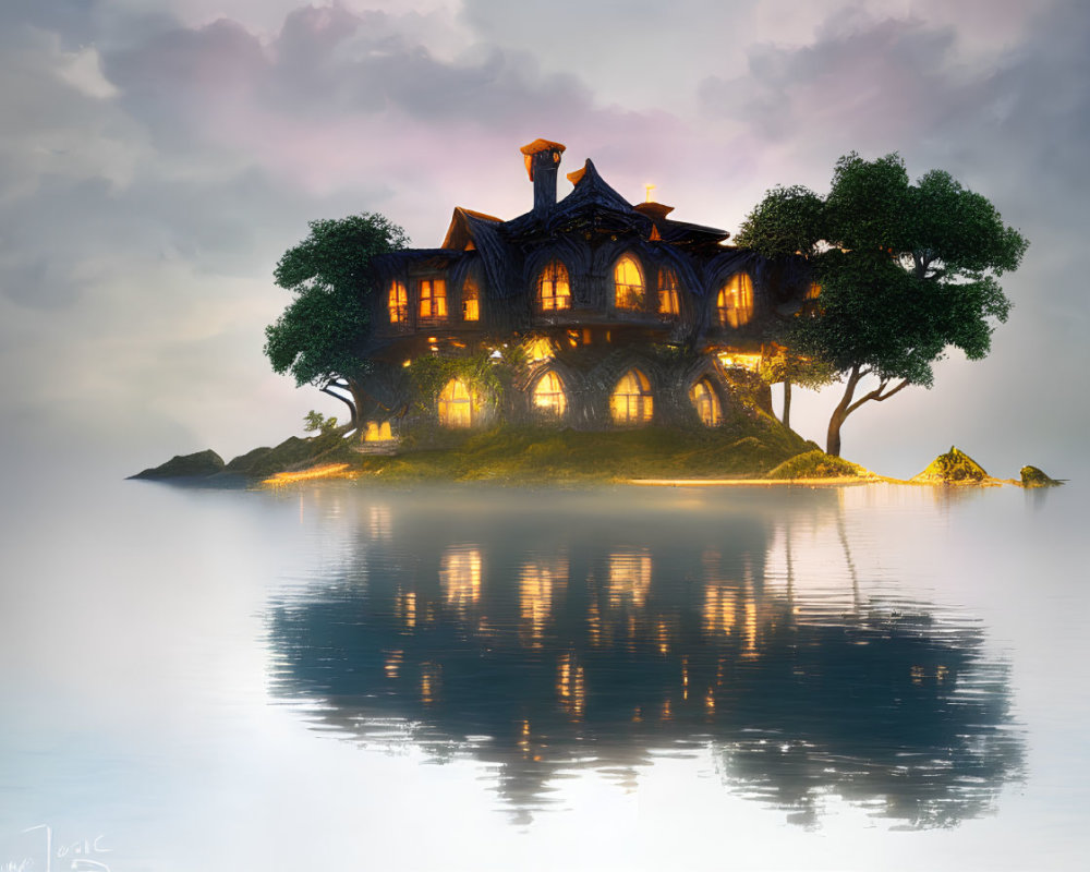 Whimsical isolated house on small island at twilight