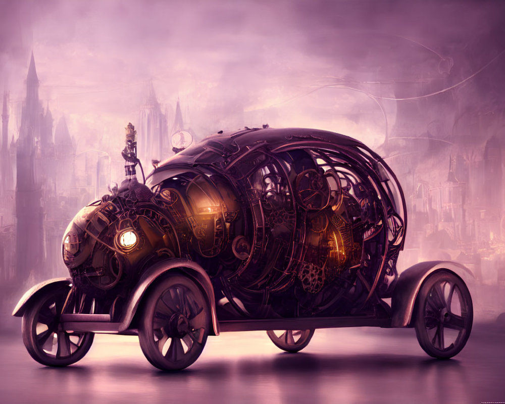 Steampunk-style ornate vehicle with intricate gears against misty gothic castle.