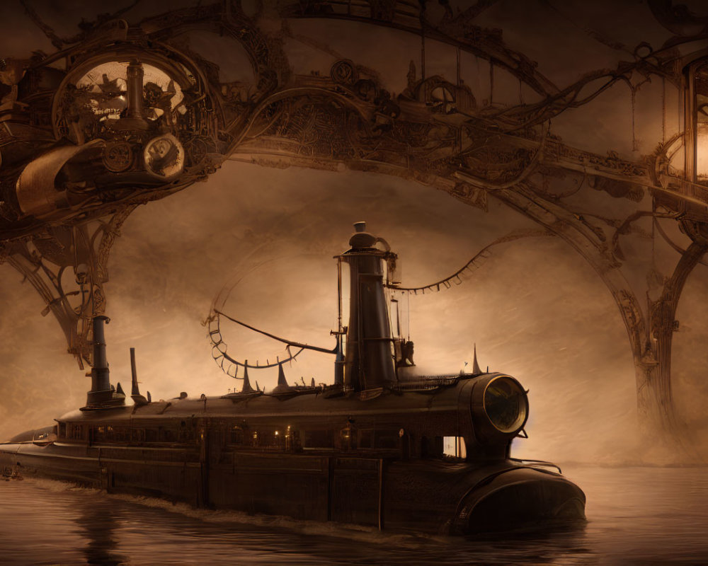 Steampunk submarine under ornate metal bridge in foggy sepia ambiance