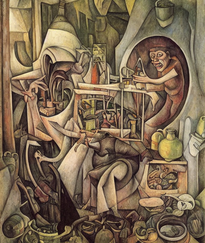 Cubist painting of chaotic workshop scene with distorted figures and machinery in earthy tones