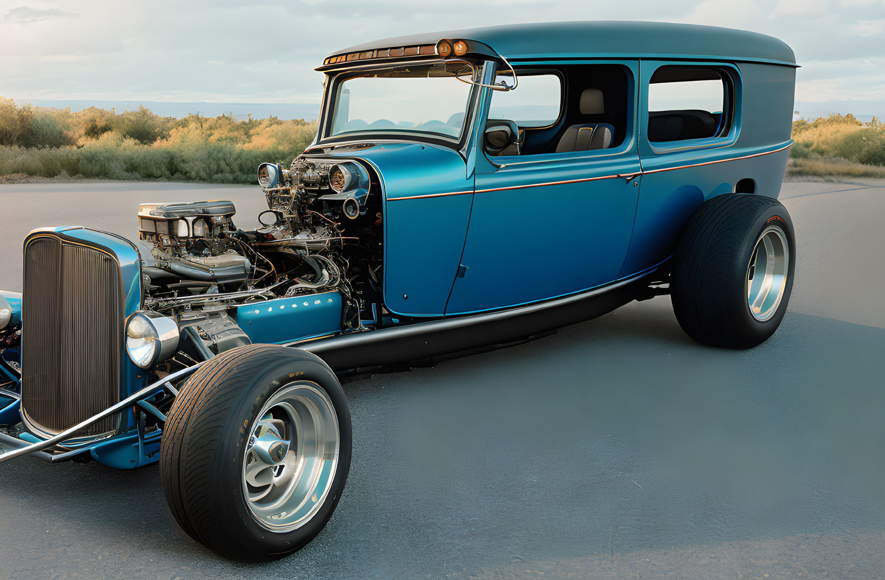 Blue Hot Rod with Exposed Engine and Oversized Tires on Asphalt Road at Sunset