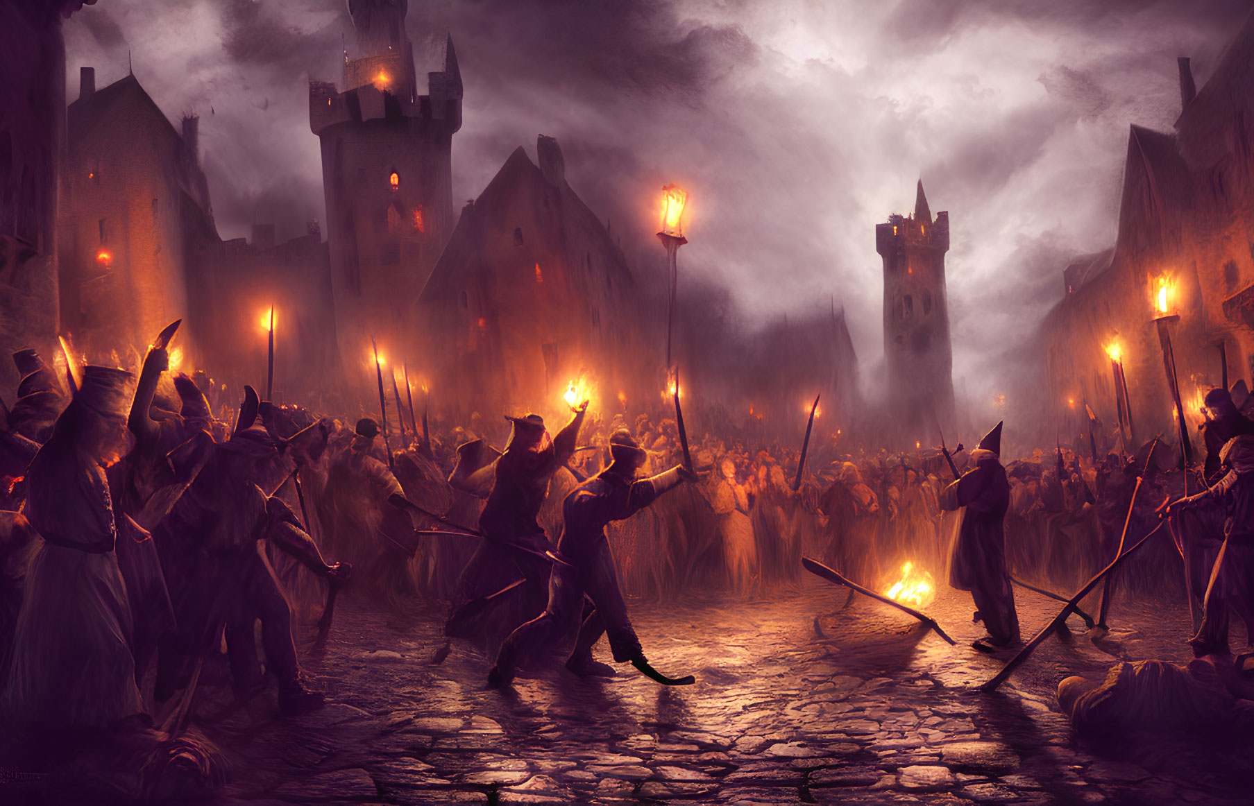 Medieval mob with torches and pitchforks in foggy cobblestone square