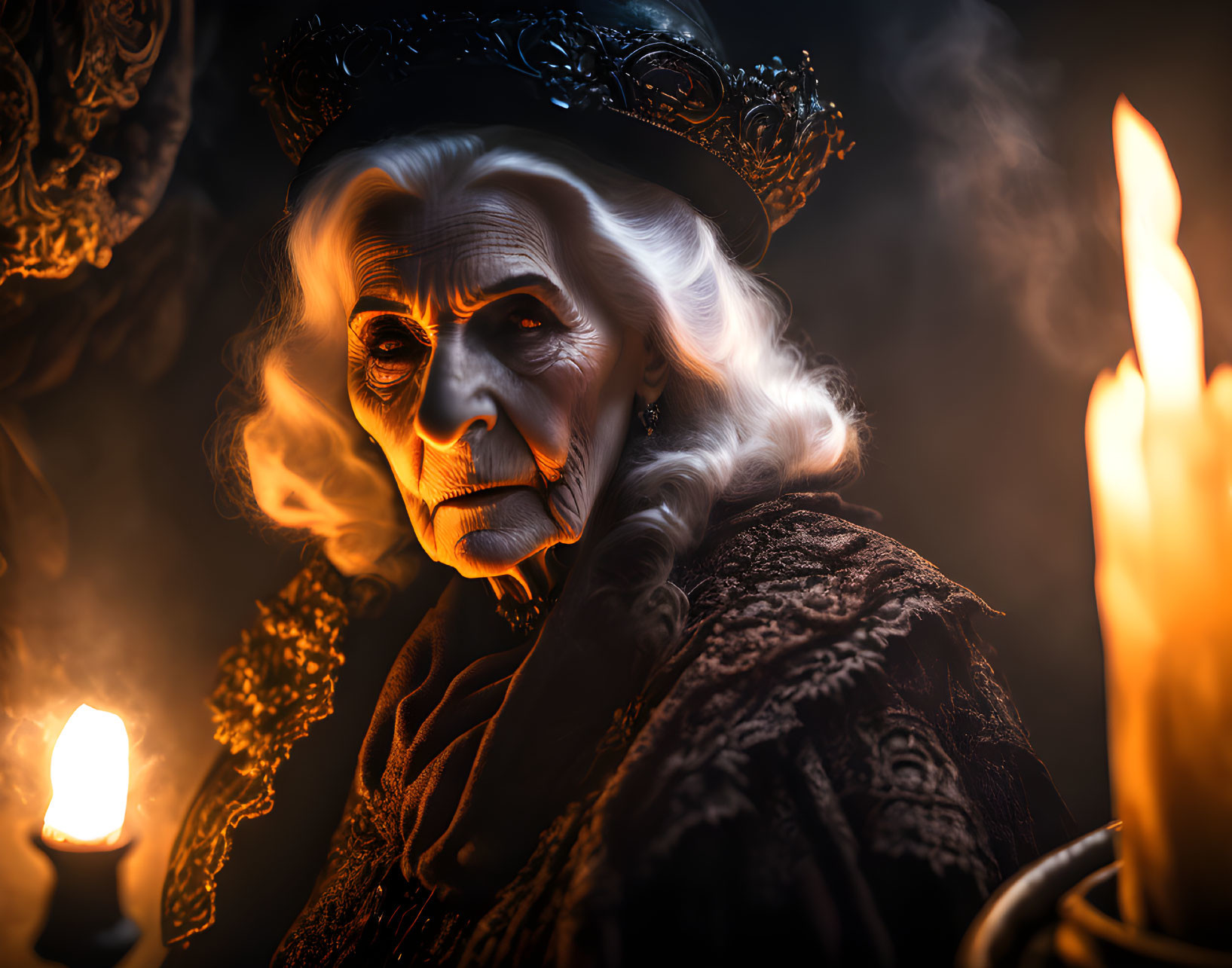 Elderly woman in vintage attire surrounded by candlelight and smoke