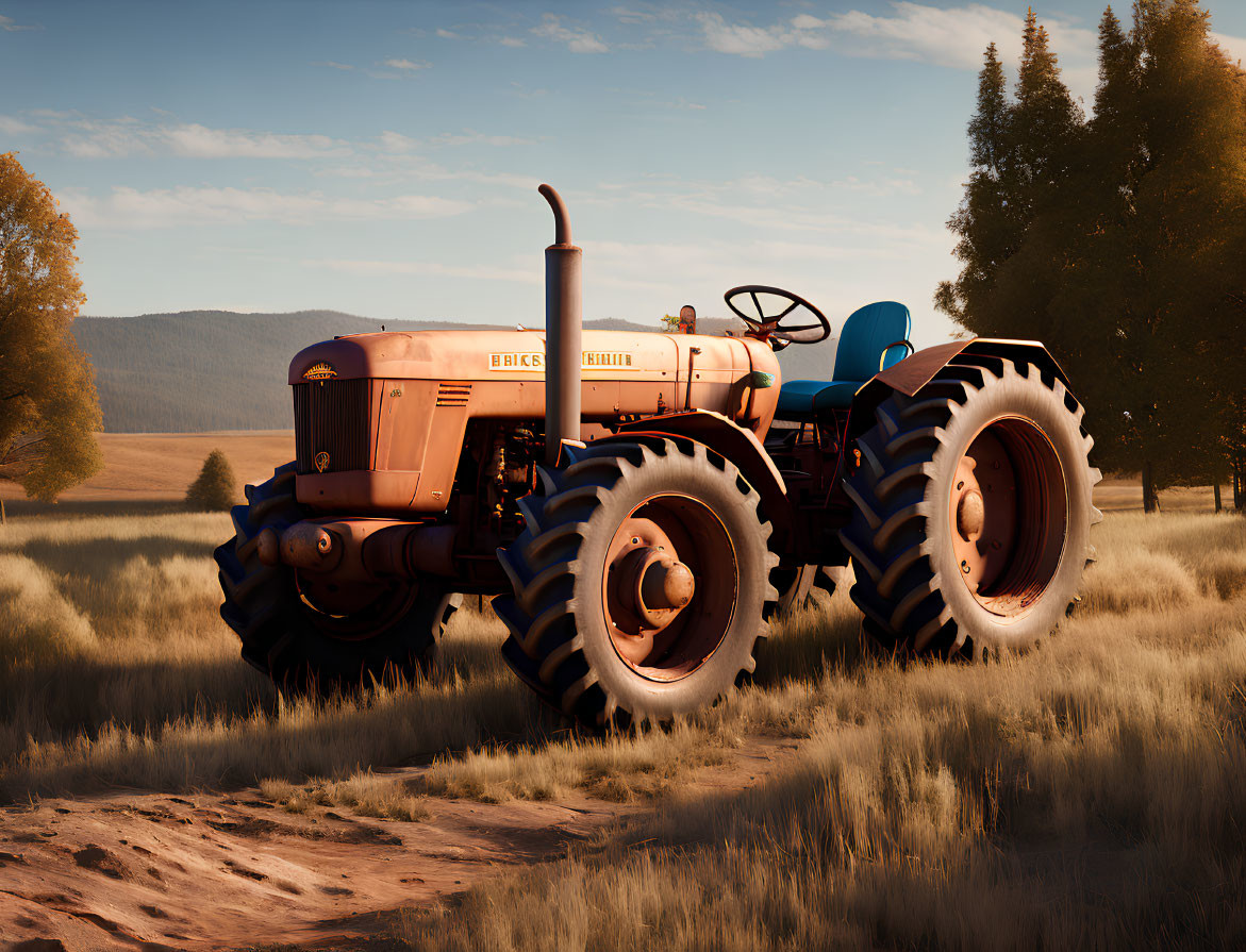 Vintage orange tractor in field at sunset with tall grass and trees