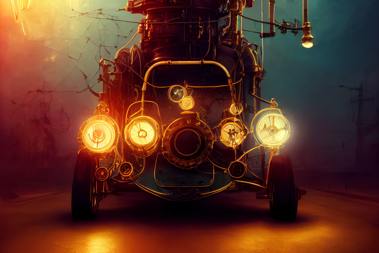 Steampunk vehicle with glowing lights in dystopian setting