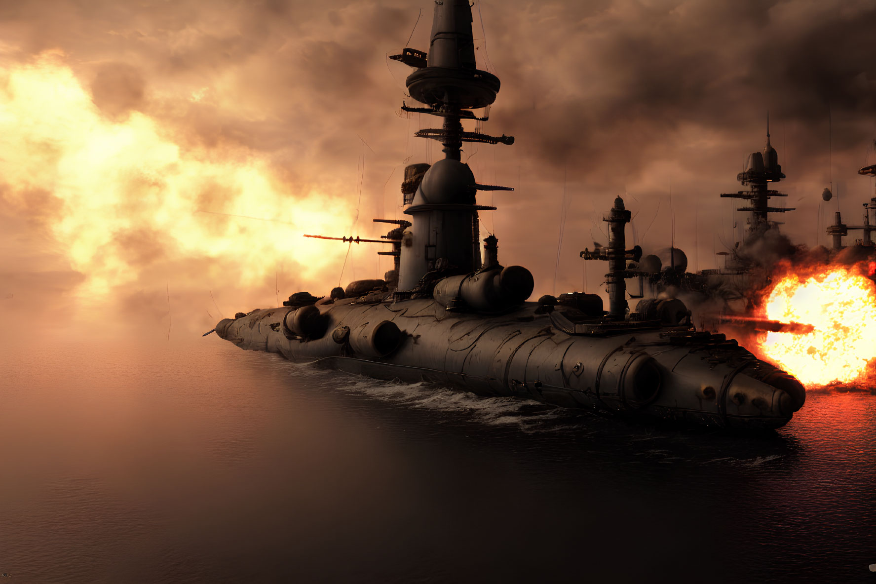 Warships with large cannons in smoky battlefield, one firing orange blaze on tumultuous sea under ominous