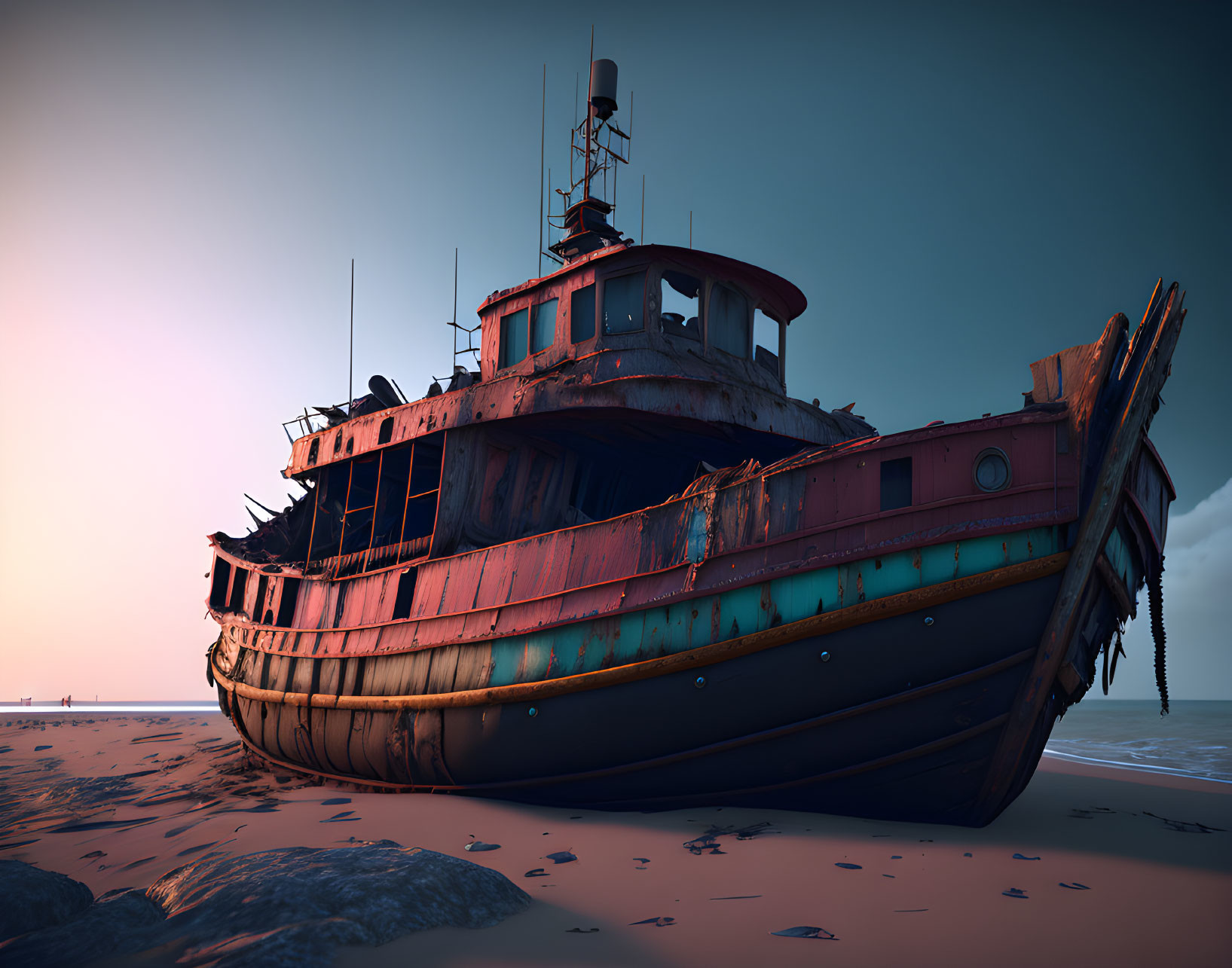 Abandoned shipwreck on sandy beach at twilight