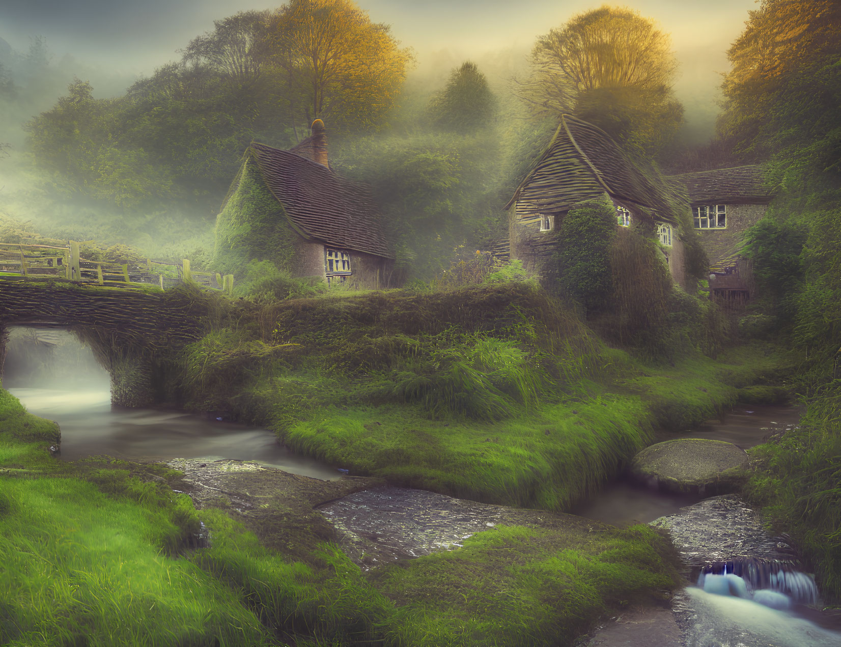 Tranquil countryside scene: old thatched-roof cottage by stream