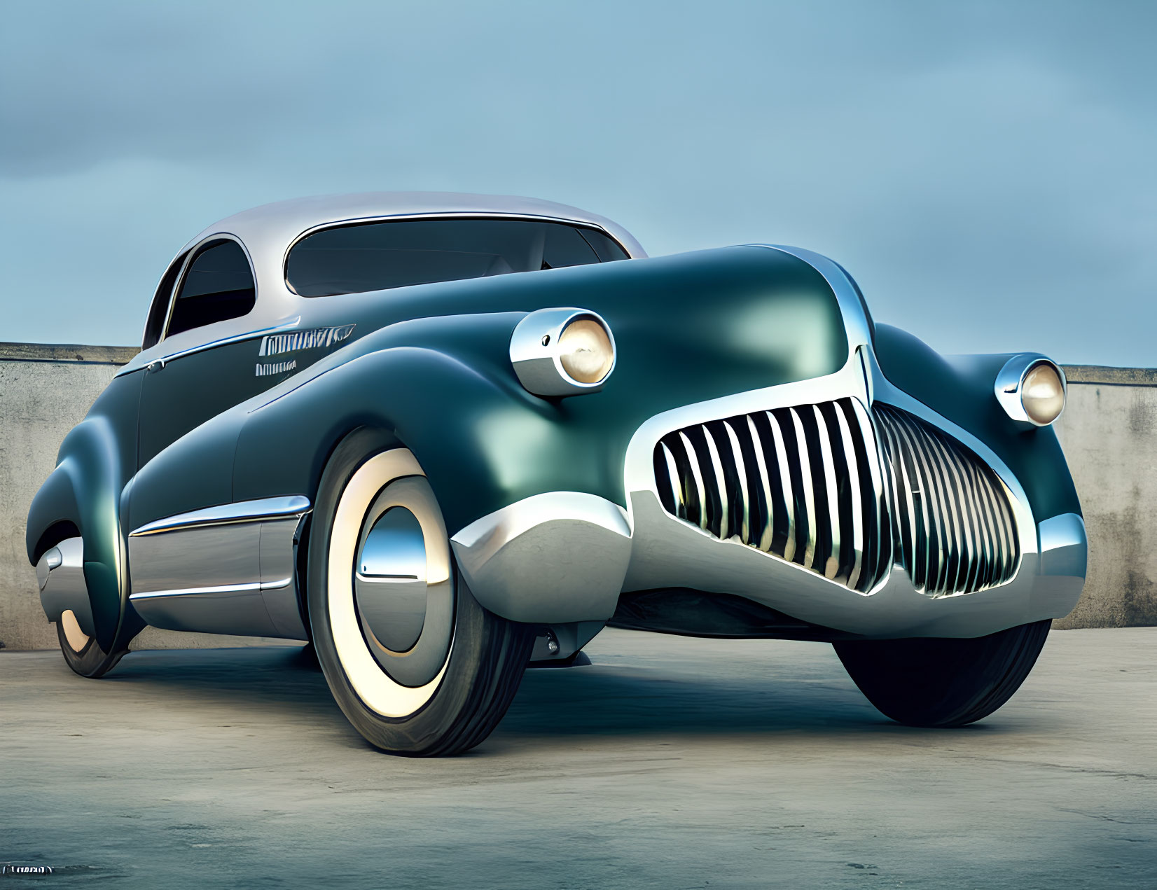 Vintage teal car with front grille parked on concrete surface