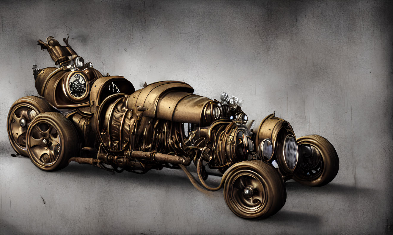 Steampunk-style vehicle with brass detailing on grey backdrop