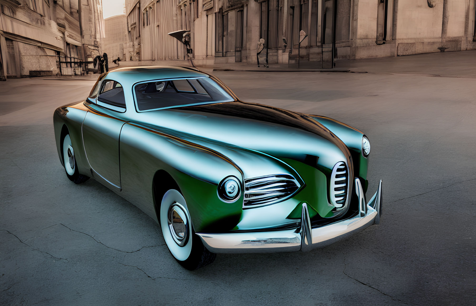 Vintage Green and White Car Parked on City Street with Buildings and Pigeon