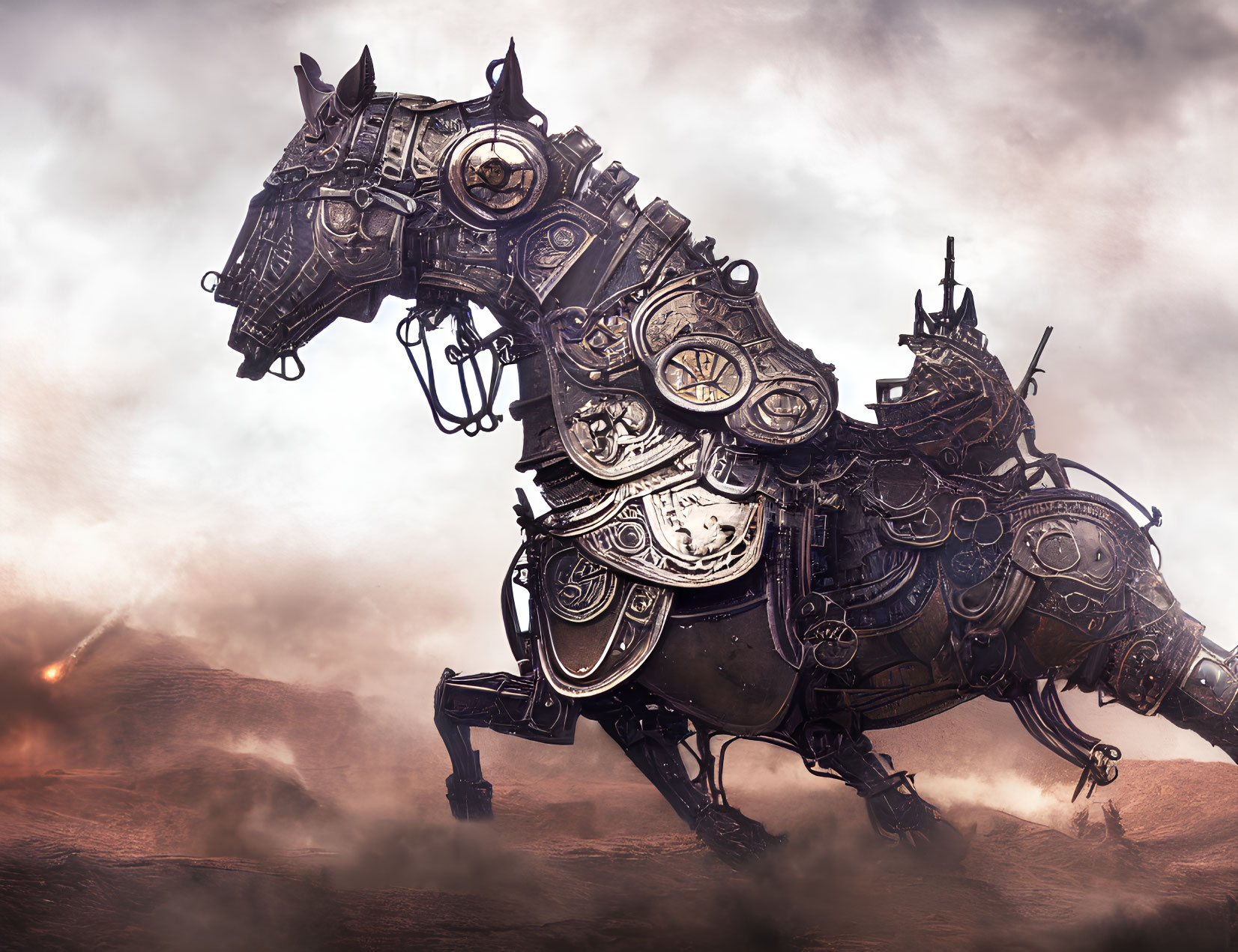 Steampunk-style mechanical horse with gears on cloudy background