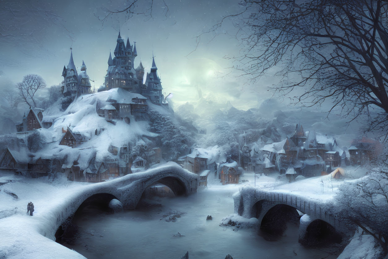 Snow-covered village with castle, stone bridge, and moonlit glow