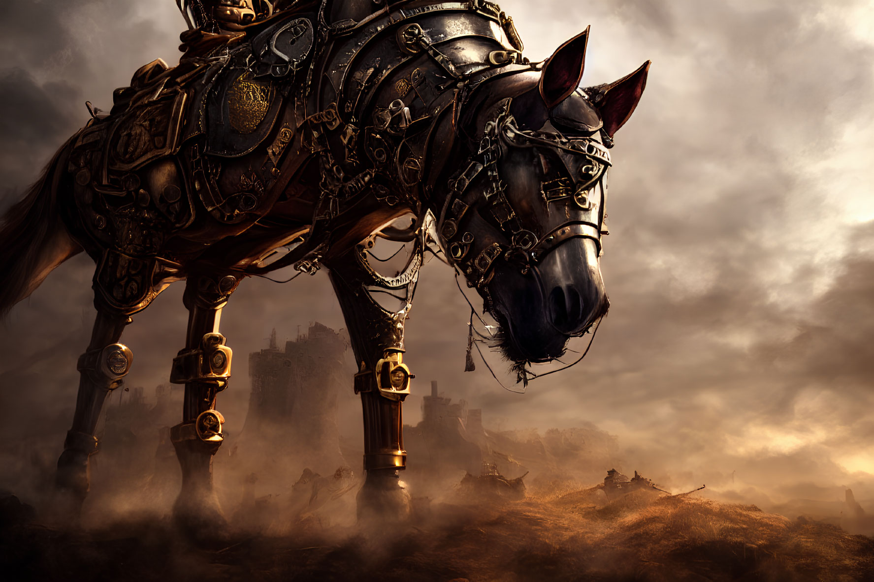 Majestic mechanical horse on misty battlefield with golden details