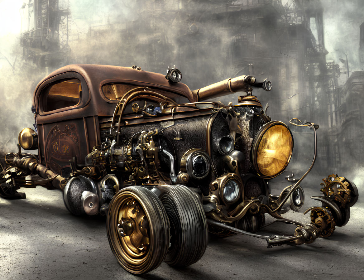 Steampunk-inspired vehicle with brass details in industrial setting