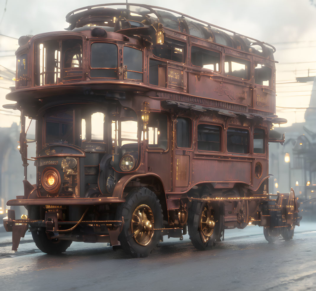 Vintage Double-Decker Bus with Ornate Bronze Detailing in Foggy Morning