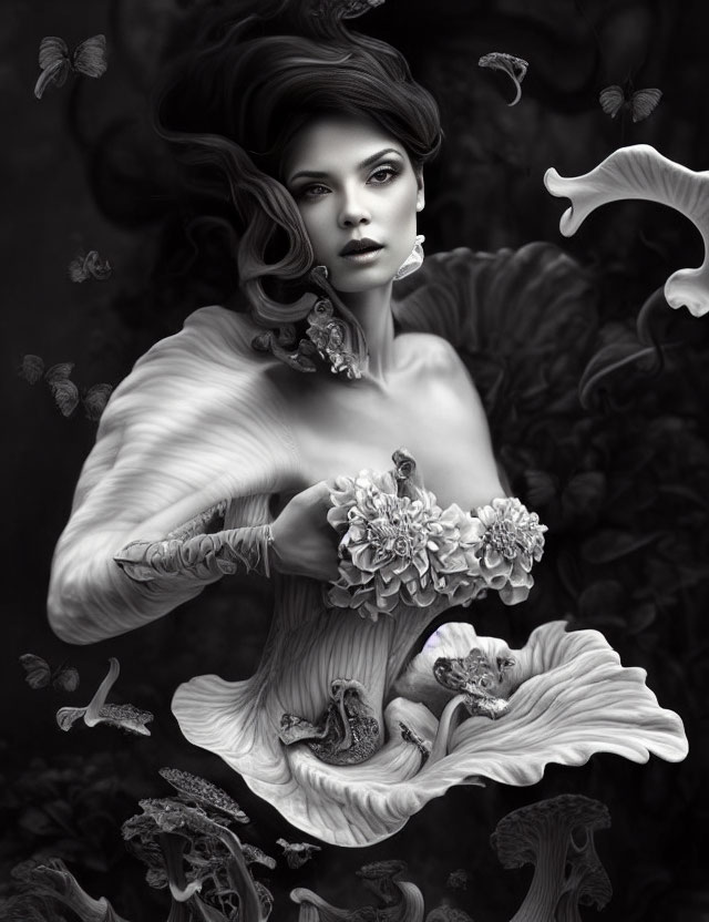 Monochrome artistic image of woman with flowing hair in fantasy scene