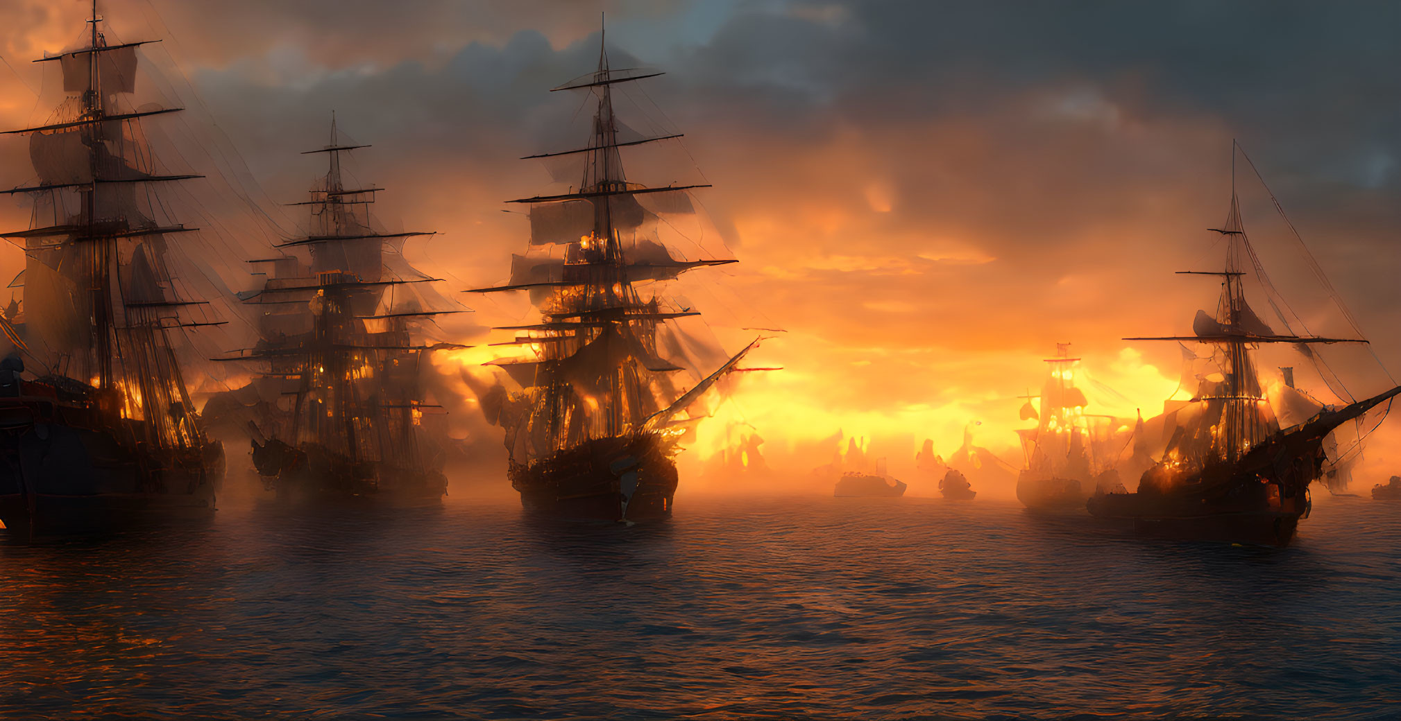 Tall ships on misty golden sea at sunrise or sunset