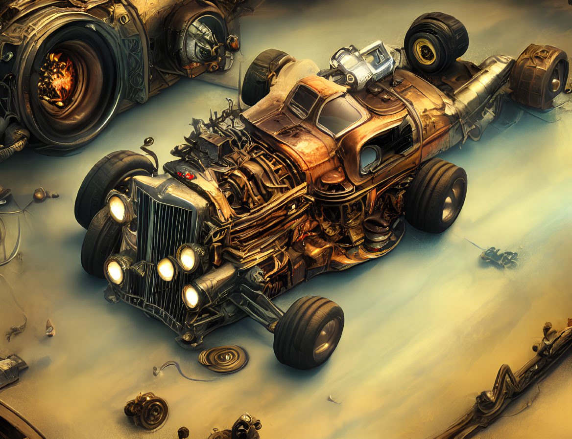 Steam-punk inspired vehicle with copper pipes, gears, flames, and oversized wheels on mechanic-themed backdrop