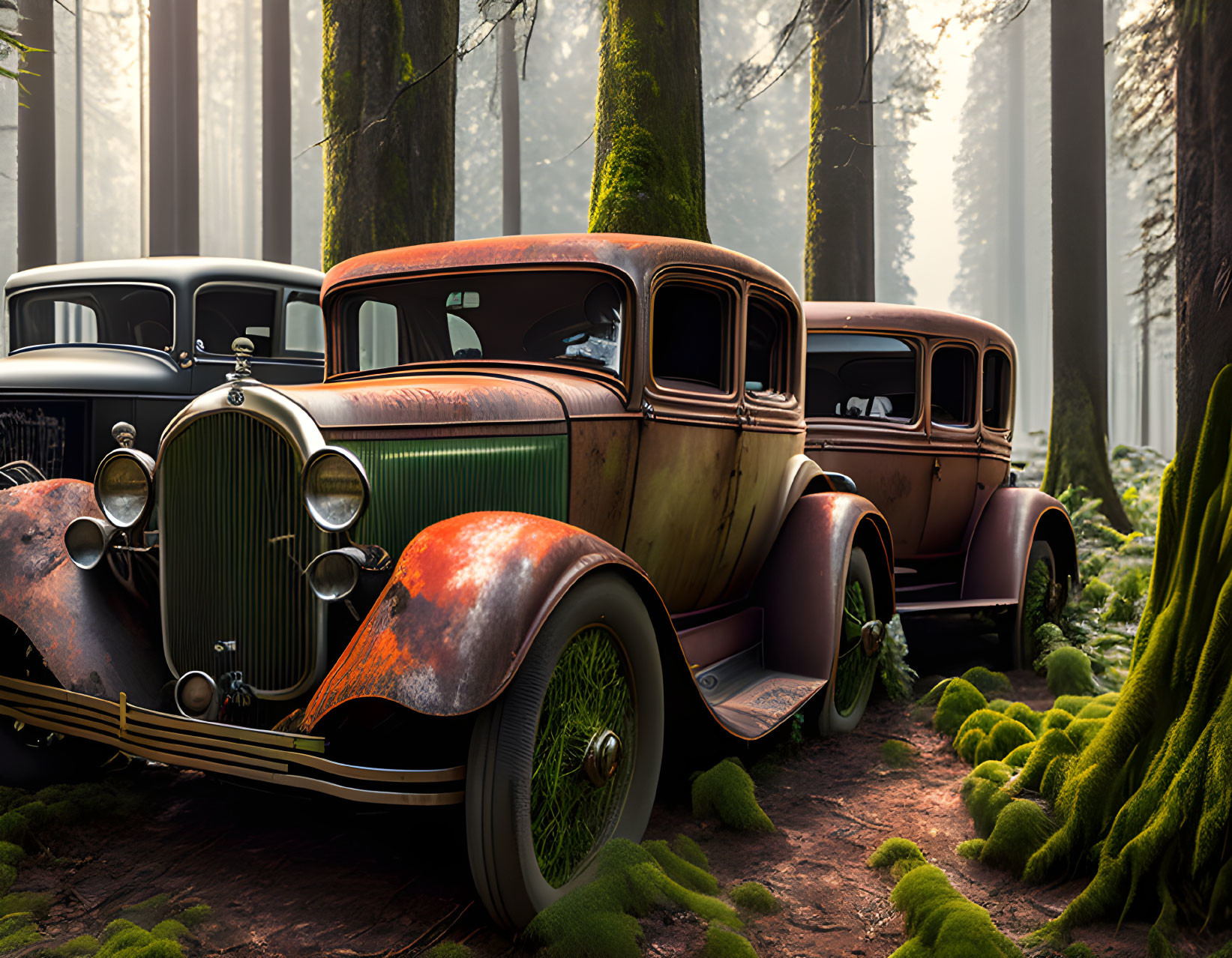 Vintage Cars Parked in Misty Forest with Sunlight Filtering Through Trees