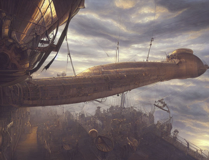 Detailed steampunk airship docking at busy sky port at sunset