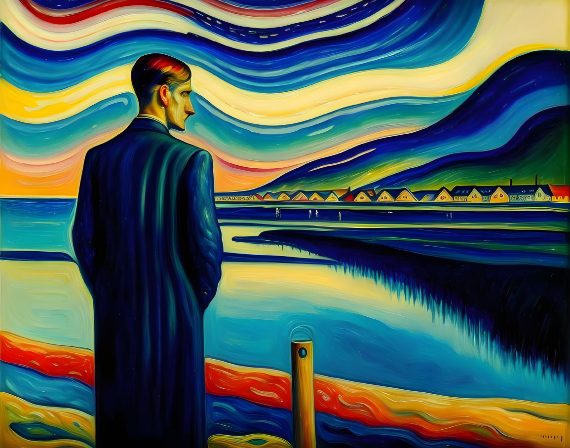 Colorful painting of man gazing at vibrant landscape with flowing river and swirling sky