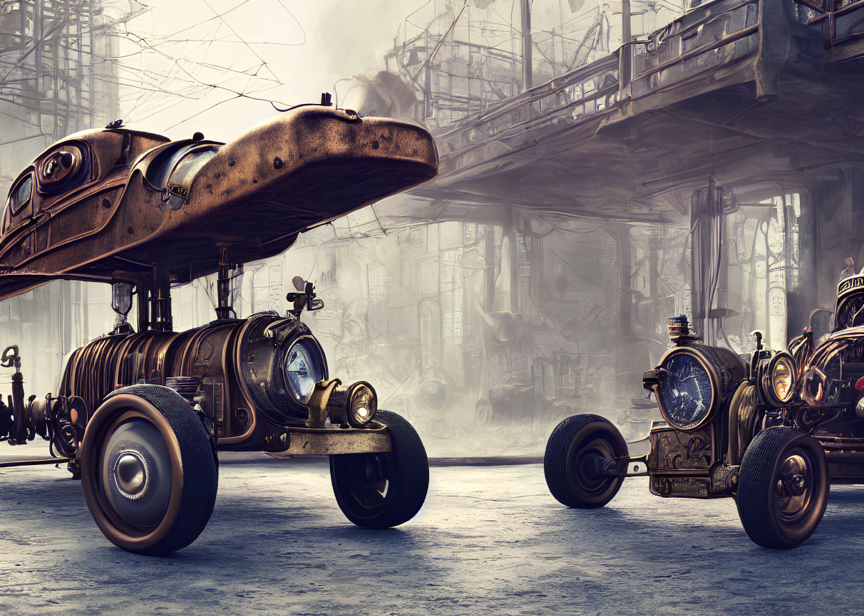 Steampunk scene with retro futuristic vehicles and industrial structures