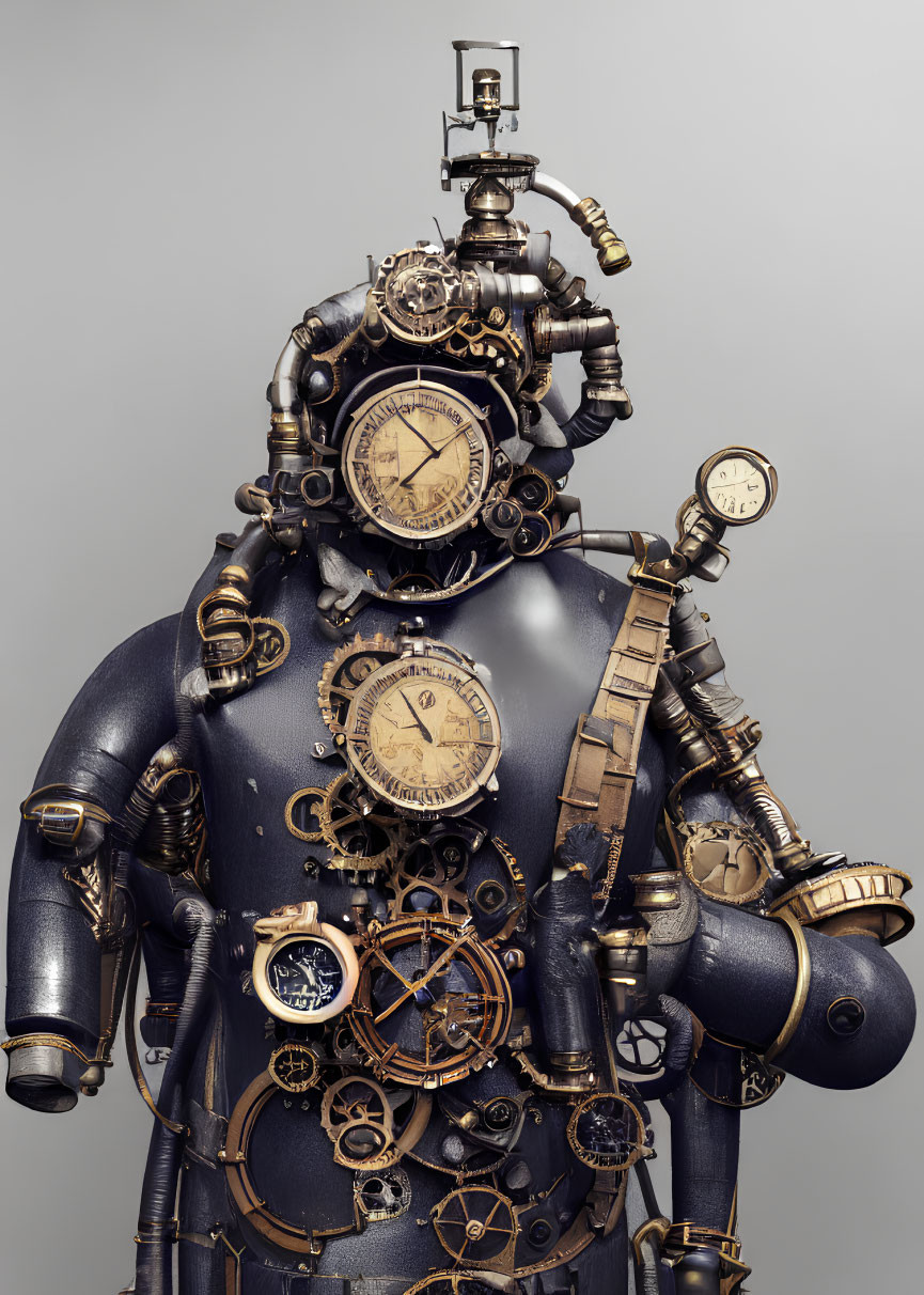 Steampunk-style robot with gears, clocks, and metallic pipes on neutral background