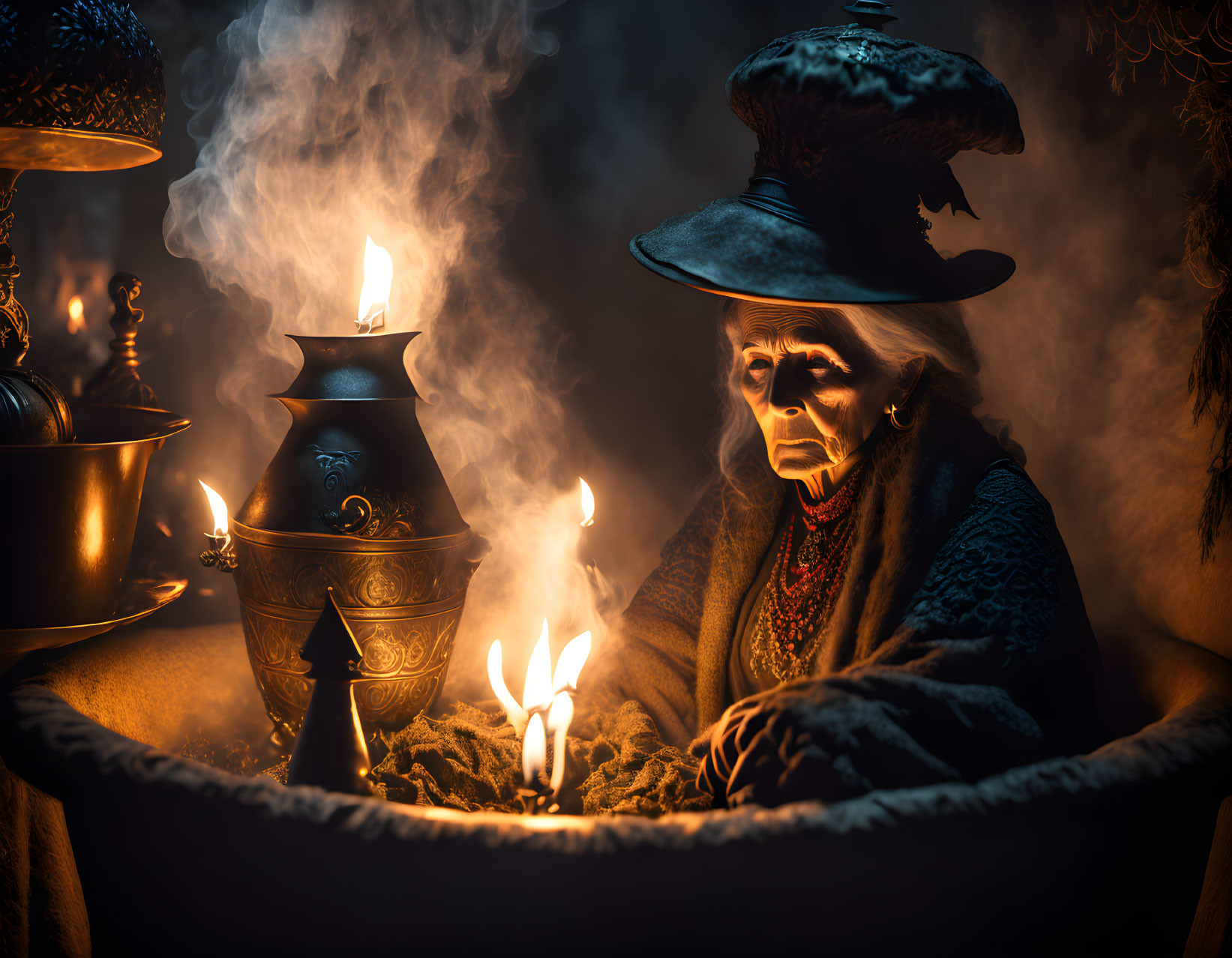 Elderly person in witch attire surrounded by candles and cauldrons