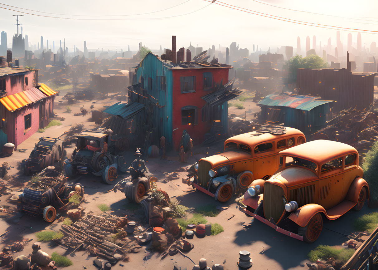 Desolate post-apocalyptic town with abandoned vintage cars and dilapidated buildings