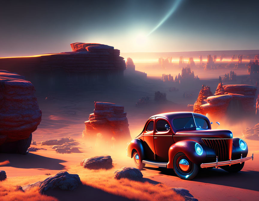 Vintage car in desert with rock formations and comet streak at sunset